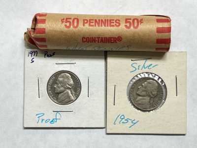 Roll Of Vintage Wheat Pennies and (2) Vintage Nickels