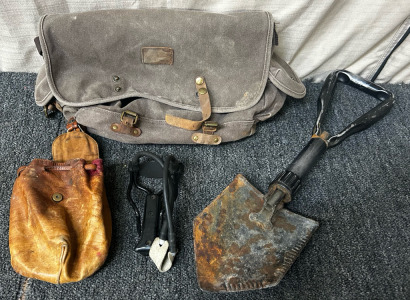 Leather Bag, Sling Shot With Leather Cover, And Outdoor Folable Shovel