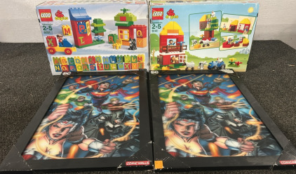 2 DC Comic Wall Hangings & 2-Ages 2-5 Lego Sets