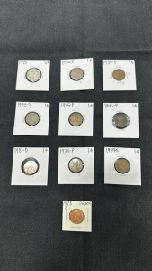 (9) Pennies, (1) Nickel (Mint and Date in Photos)