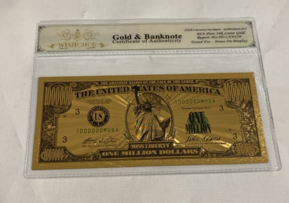 (1) $1000000 Bill 24k Gold flakes Bank Note W/ Coa