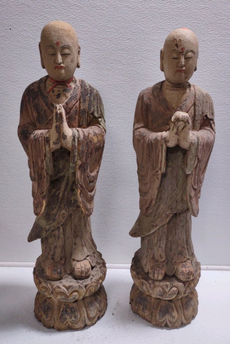 (1) 37" Chinese Rustic Wood Standing Praying Lohon Monk Statues Set