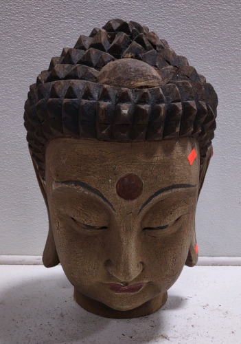 (1) 16½" Giant Antique Rustic Wood Carved Buddha Head Statue