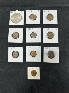 (9) Pennies, (1) Silver Dollar (Mint and Date in Photos)