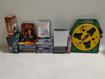 (20+) Media & Garden Reel Set - (20+) DVDs (5) CDs (1) Garden Hose Reel