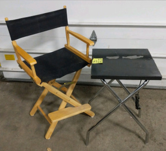 (2) Directors Chair & Projector Table Set - (1) Projector Table Logan Electric No. 1120 - 29"×21¼" (1) Directors Chair Wood Frame w/ Black Canvas