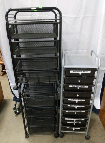 (3) Rolling Metal Storage Units - Black Mesh Drawer Organizers & Gray File Cart