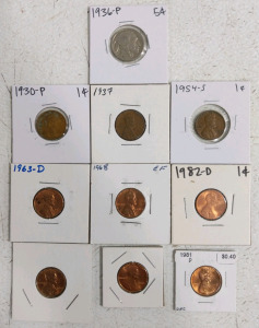 (10) Coins - Indian Head Nickel and Assorted Wheat/Lincoln Pennies