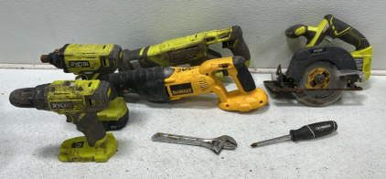 Ryobi Cordless Reciprocating Saw, DeWalt Cordless Reciprocating Saw, Ryobi Cordless Circular Saw, Ryobi Cordless Impact Driver, Ryobi Cordless Power Drill, Husky Adjustable Wrench, Husky Phillips Screwdriver