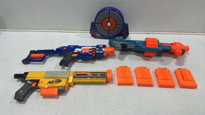 NERF Elite 2.0 Shockwave, NERF Elite N-Strike Stockade, NERF Recon CS-6, NERF Electronic Target, (4) Spare NERF Magazines