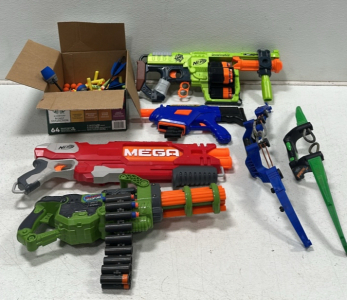 NERF Zombie Strike Dominator, NERF Mega Doublebreach, Dart Zone Covert Ops Motorized Minigun Blaster, (2) ZING Dart Bows, Cougar Dart Gun, Box of Various NERF Darts