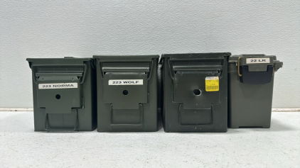 (3) Metal Ammunition Boxes, (1) Plastic Ammunition Box