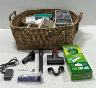 (6) Various Dyson Vacuum Attachments, Swiffer Dry and Wet Sweeping Kit, Large Soft Wicker Basket, (2) Woven Storage Bins, Picnic Basket, Various Plastic Food Storage Bins, (2) Carbon Monoxide Dectectors, and More