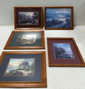 (5) Thomas Kinkade Prints: A New Day Dawning, Split Rock Light, Sunday at Apple Hill, Lamplight Manor, Unknown Print