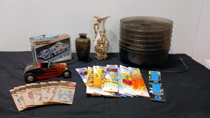 (1) Motora-Wave Porsche 917k Radio Controlled, (1) Vintage Car Model- All American Hot Rod (1) Ronco Electric Food Dehydrator, (2) Vintage Vases, (9) Assorted Cat Fresheners, Assorted Incense and An Incense Stick Holder,