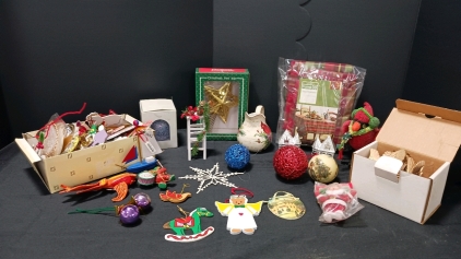 Assorted Christmas Decor, Ornaments, Dishes, Tablecloth, and much more!