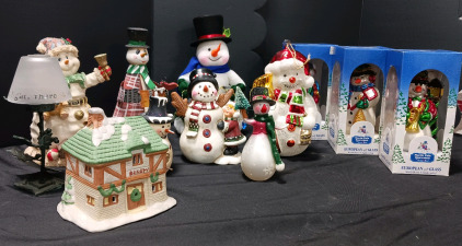 Assorted Christmas Decor- Snowmen Figurines, Candle Holder, Bakery Ceramic Light Up Building, No Lightbulb