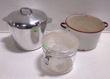 (1) Vintage Royalty Nasco 10qt. Heavy Cast Aluminum Stock Pot w/ Lid, (1) Jumbo Clear (Roughly 4qt.) Canister w/ Clamp Lid, & (1) Vintage White w/ Red Rim Enamel Pot