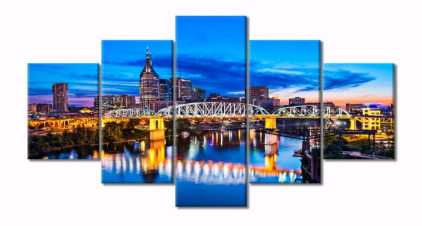 (1) TUMOVO 5-Panel Nashville Tennessee Skyscrapers Skyline Night Panorama Cityscape Canvas Wall Art