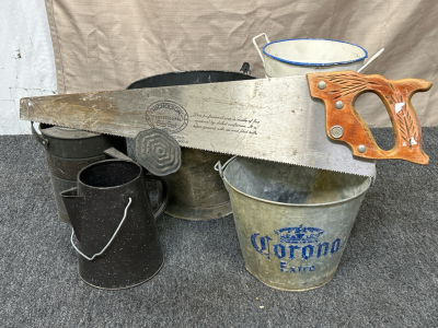 Metal Buckets, Camping Teapot and Vintage Saw