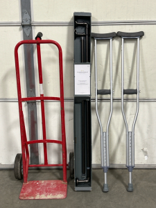 Pair of Crutches, Red Hand Truck, and Threshold Curtain Rods