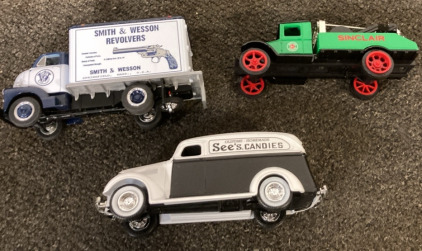 VINTAGE SMITH & WESSON REVOLVERS DIE-CAST TRUCK, VINTAGE SINCLAIR TOW TRUCK DIE-CAST CAR, SEE&rsquo;S CANDIES CHEVY PANEL VAN DIE-CAST CAR.