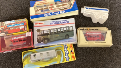 VARIETY OF VINTAGE BUS TOYS.