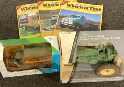 SET OF 3 VINTAGE WHEELS OF TIME MAGAZINES, JOHN DEERE 1953 MODEL 70 ROW-CROP TRACTOR DIE-CAST MODEL, VINTAGE JOHN DEERE TRUCK BANK.