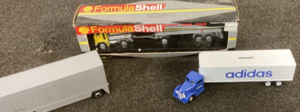 VINTAGE DIE-CAST TRUCK AND TRAILER TOYS.