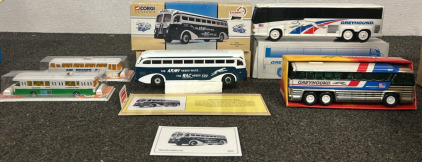 Corgi Classic Yellow Coach 743 Collector&rsquo;s Bus, 2- Greyhound Collectible Busses, & 2 Majorette Collectors Busses