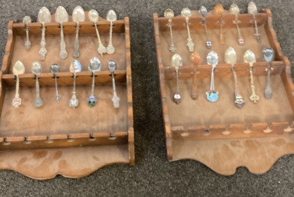 VINTAGE DECORATIVE SPOONS WITH DISPALY CASE.