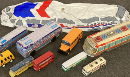 VARIETY OF VINTAGE BUS TOYS.