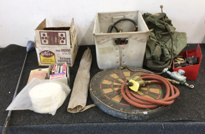 Fishing Supplies, (6) Glass Cans, (8) Playing Card Packs, Golf Club, Gas Hose