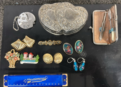 Assortment of Earrings, Keychain, Harmonica , & Vintage Nail Kit