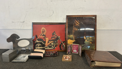 Harley Davidson Clock Wall Hanging, Eagle Photograph, Brown Leather Photo Album , 2- Glasses Cases, & More!