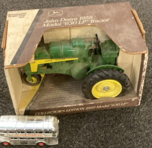 VINTAGE JOHN DEERE COLLECTOR&rsquo;S EDITION MODEL &ldquo;630 LP&rdquo; TRACTOR. SILVER JUBILEE DOUBLE DECKER DIE-CAST TOY.
