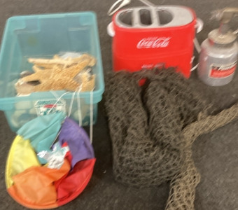 VARIETY OF SEA SHELLS. NETTING, COCA COLA HOT DOG TOASTER. POWR-KRAFT PAINT SPRAYER.