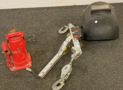 VINTAGE WELDING HELMET, DUN KOUNG CABLE PULL, VINTAGE HYDRAULIC JACK.