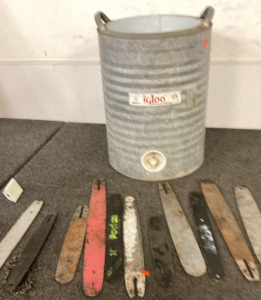 VARIETY OF CHAINSAW BARS. VINTAGE IGLOO WATER JUG.