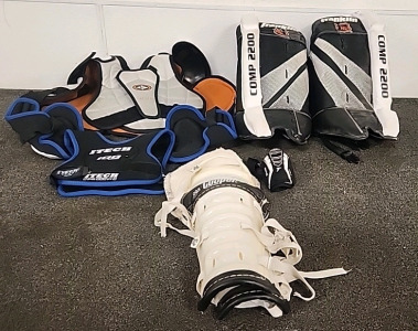Franklin Comp 2200 Goalie Shin Pads . Cooper Shin Guards.. Easton Chest Protectors.. all Youth Items