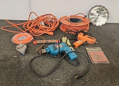 Extention Cords,Drill,Glue Gun,Weed Eater Line. Torpedo Level,10" Wood Saw,PowerBilt Screw Extractor,Calk Line..