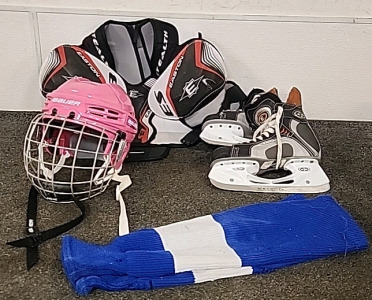 Youth Easton Synergy Skates,Bauer Pink Hockey Helmet,Easton Hockey Should Pads