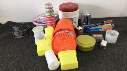 Plastic Containers, Dishes, Water Cooler, (6) Batteries