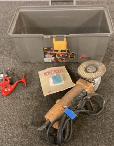 VINTAGE ANGLE GRINDER, CABLE LUBER, VINTAGE PLANO TOOL BOX.