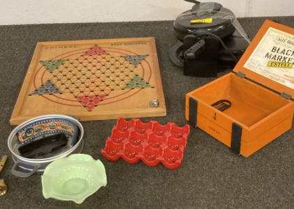CHINESE STAR CHECKERS BOARD, CANDLE HOLDER, RACHAEL RAY CERAMIC EGG TRAY, WAFFLE MAKER.