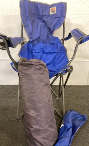 BLUE GLACIERS EDGE CAMP CHAIR. SMALL TENT.