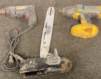 VINTAGE DEWALT IMPACT WRENCH, VINTAGE SKIL 3/8 DRILL, CHAINSAW BAR.