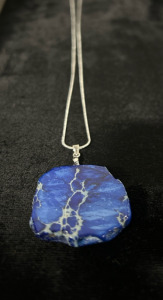 55.00 CT. Dark Blue Sea Sediment Jasper Freeform Slice .925 Necklace