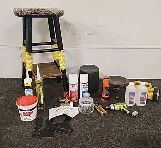 Various Items Bar Stool .. Plastic Top Hat.. 91% Rubbing Alcohol.. RyobI Small Drill.. Dap Patching Plaster.. Omni Quick Kit.. and More..