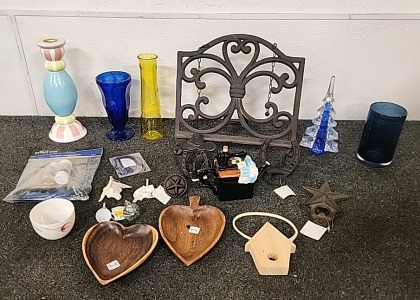 Various Items Cast Iorn Recipe Book Holder . Vases .Candle Holders Bottle Openers. And More